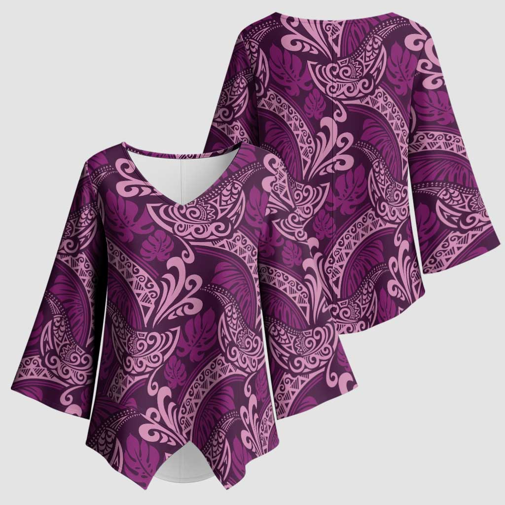 Royal Purple Monstera Kimono Sleeve Blouse Polynesian Tribal Pattern LT01 - Polynesian Pride