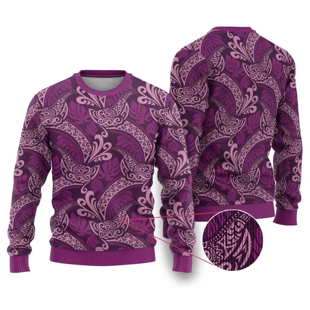 Royal Purple Monstera Ugly Christmas Sweater Polynesian Tribal Pattern - Polynesian Pride