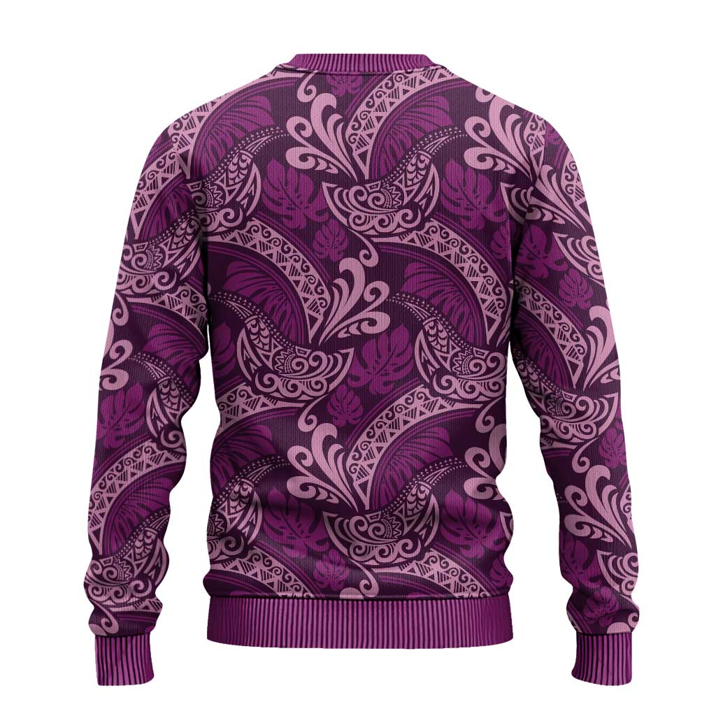 Royal Purple Monstera Ugly Christmas Sweater Polynesian Tribal Pattern - Polynesian Pride