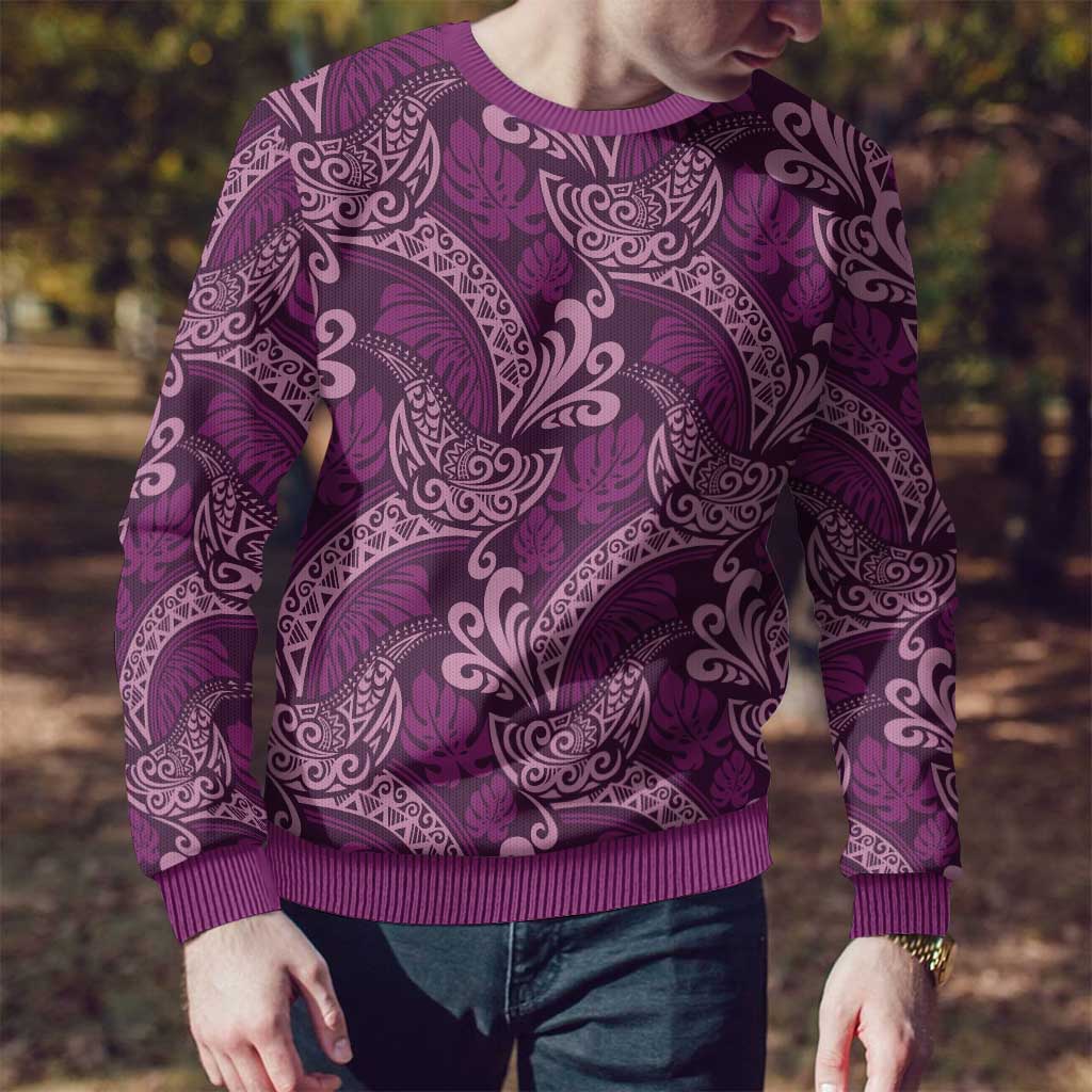 Royal Purple Monstera Ugly Christmas Sweater Polynesian Tribal Pattern - Polynesian Pride