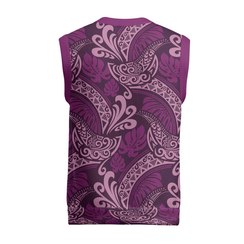 Royal Purple Monstera Christmas Knitted V-Neck Vest Polynesian Tribal Pattern LT01 - Polynesian Pride