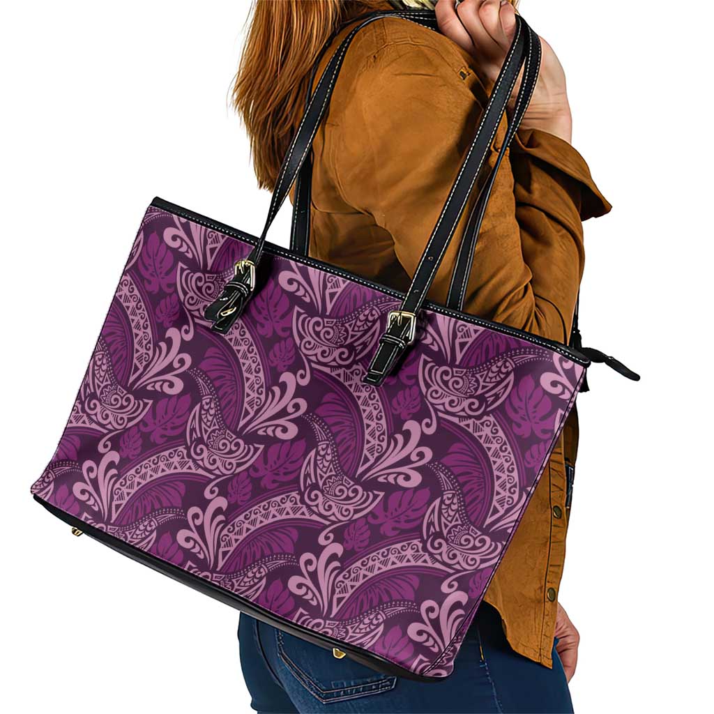 Royal Purple Monstera Leather Tote Bag Polynesian Tribal Pattern - Polynesian Pride