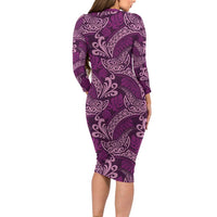 Royal Purple Monstera Long Sleeve Bodycon Dress Polynesian Tribal Pattern - Polynesian Pride