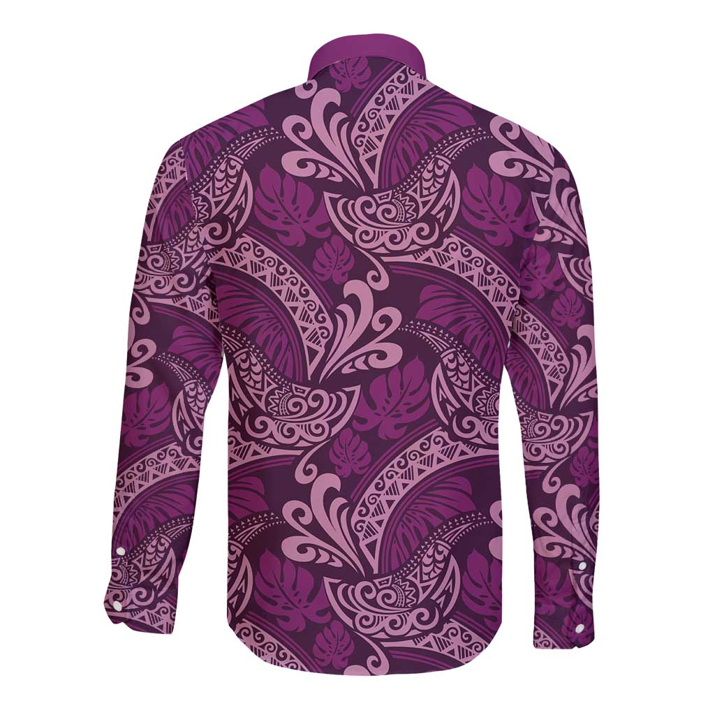 Royal Purple Monstera Long Sleeve Button Shirt Polynesian Tribal Pattern LT01 - Polynesian Pride