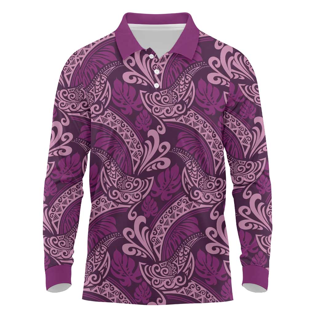 Royal Purple Monstera Long Sleeve Polo Shirt Polynesian Tribal Pattern LT01 Purple - Polynesian Pride