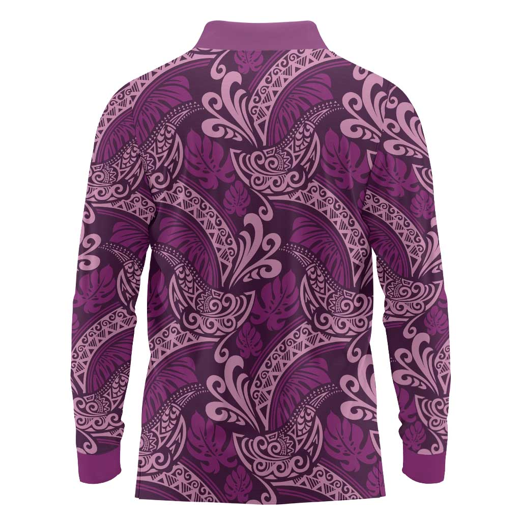 Royal Purple Monstera Long Sleeve Polo Shirt Polynesian Tribal Pattern LT01 - Polynesian Pride