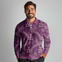 Royal Purple Monstera Long Sleeve Polo Shirt Polynesian Tribal Pattern LT01 - Polynesian Pride