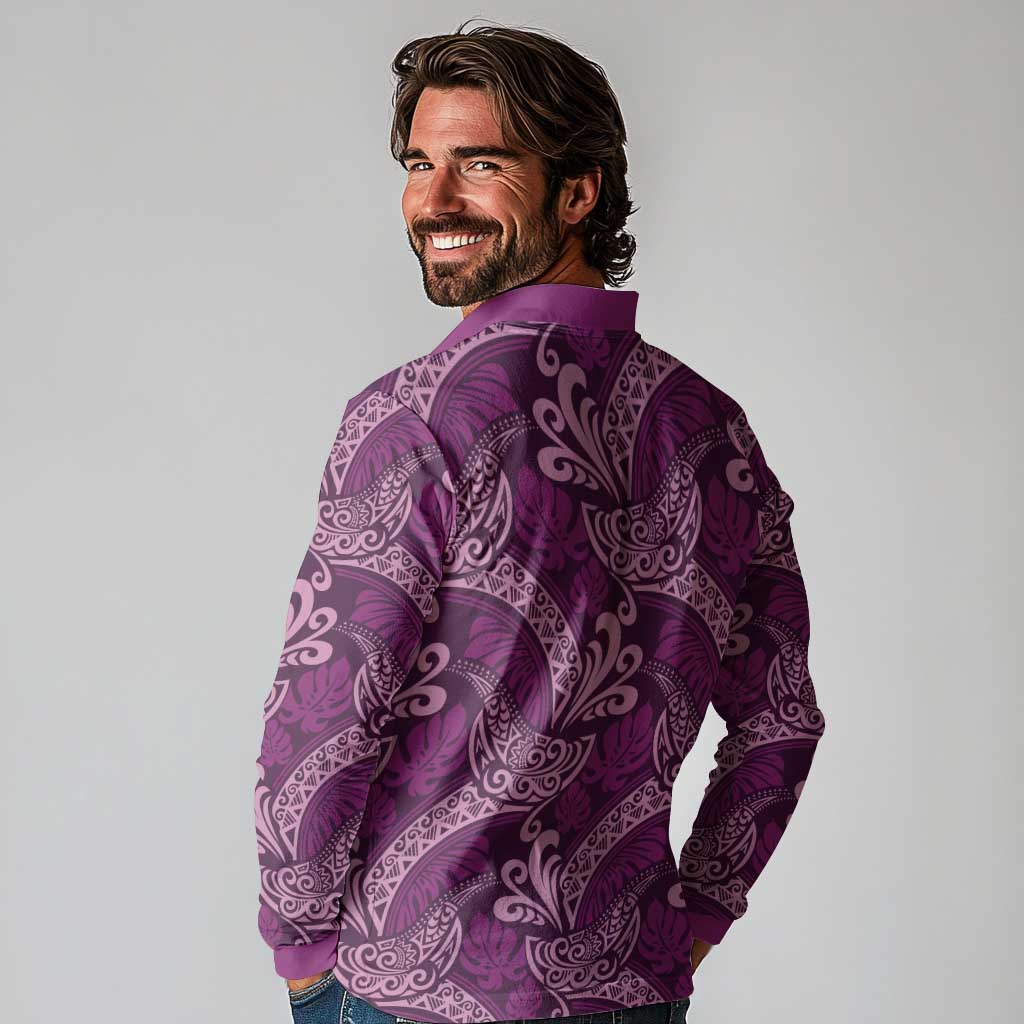 Royal Purple Monstera Long Sleeve Polo Shirt Polynesian Tribal Pattern LT01 - Polynesian Pride