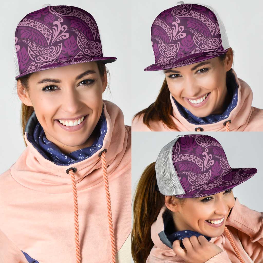 Royal Purple Monstera Mesh Trucker Cap Polynesian Tribal Pattern - Polynesian Pride