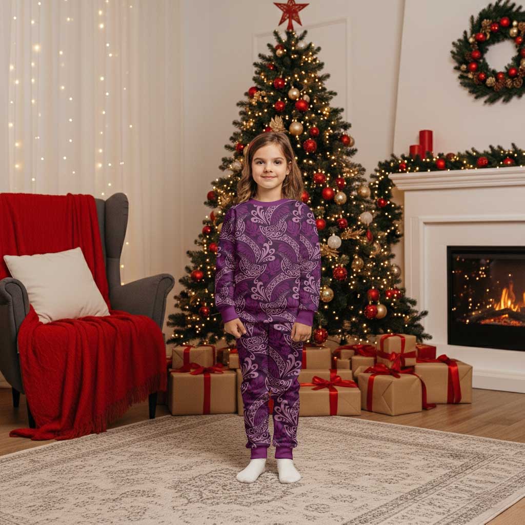 Royal Purple Monstera Christmas Pajama Set Polynesian Tribal Pattern LT01 Kid Purple - Polynesian Pride