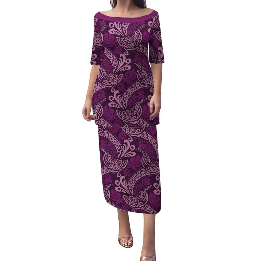 Royal Purple Monstera Puletasi Polynesian Tribal Pattern LT01 Long Dress Purple - Polynesian Pride