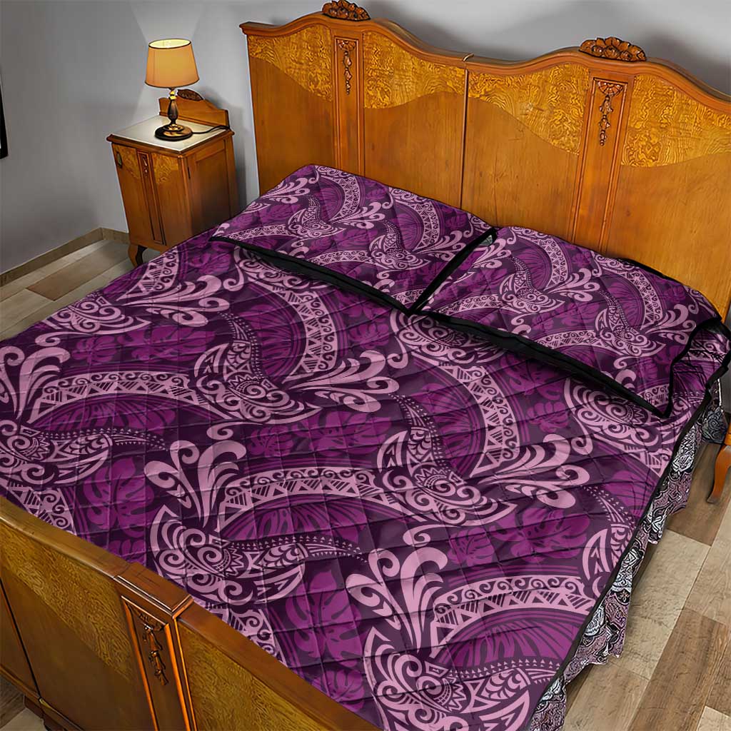 Royal Purple Monstera Quilt Bed Set Polynesian Tribal Pattern - Polynesian Pride