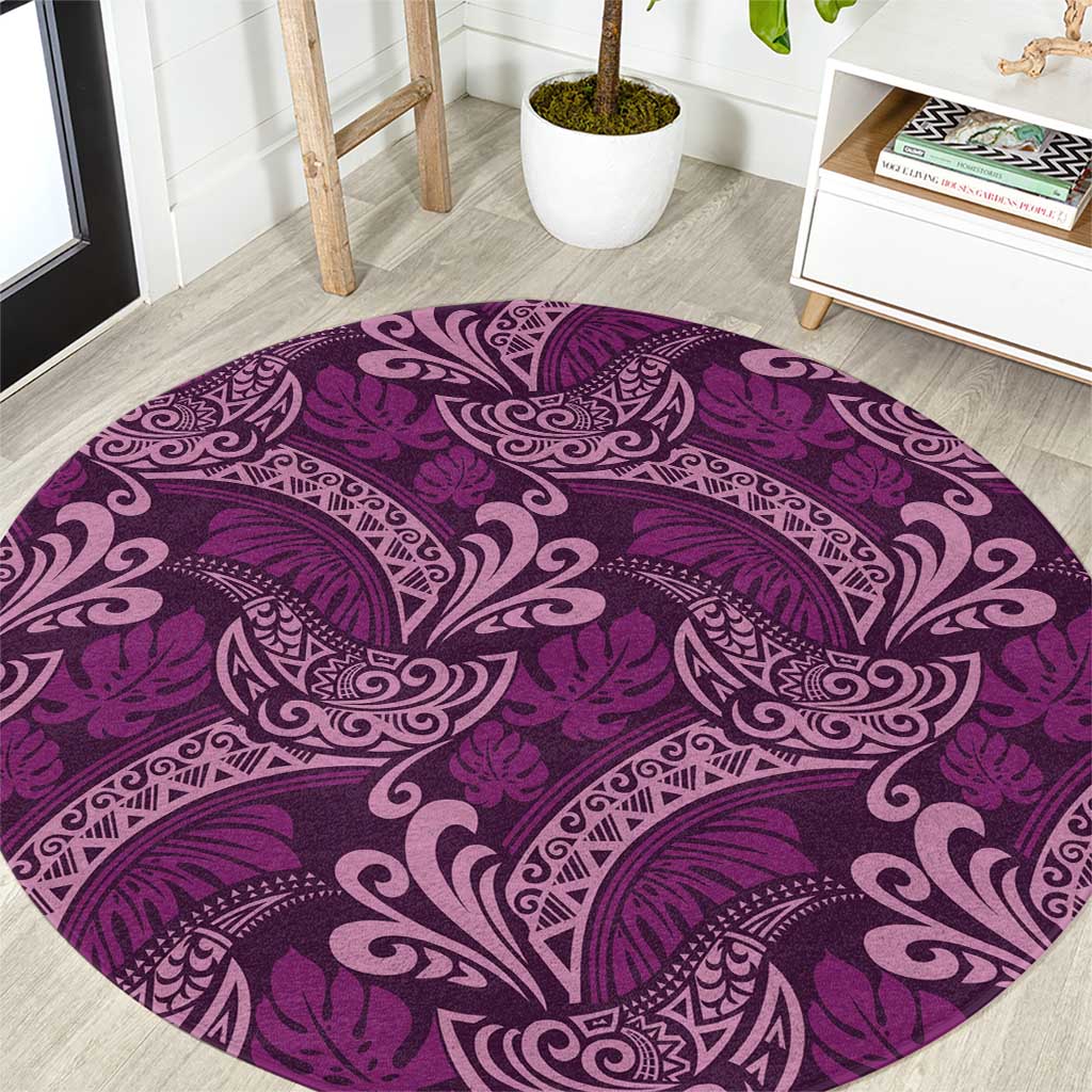 Royal Purple Monstera Round Carpet Polynesian Tribal Pattern - Polynesian Pride