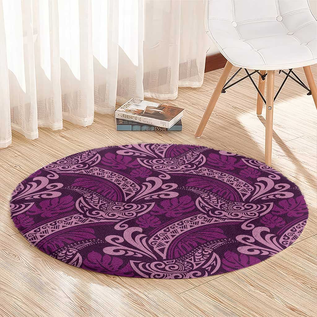 Royal Purple Monstera Round Carpet Polynesian Tribal Pattern - Polynesian Pride