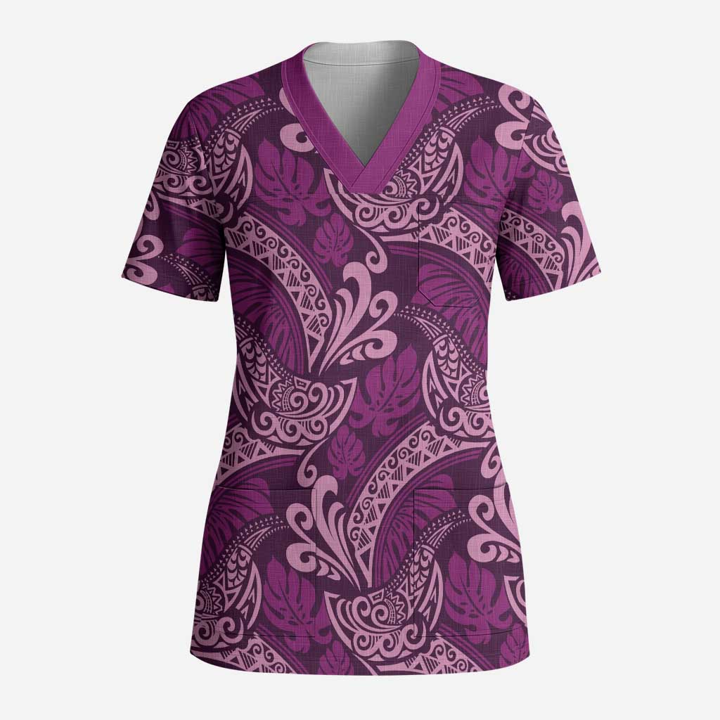 Royal Purple Monstera Scrub Top Polynesian Tribal Pattern LT01 Adult Purple - Polynesian Pride