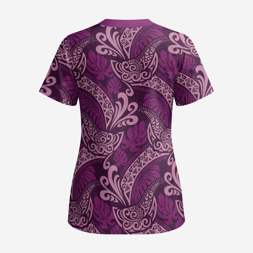 Royal Purple Monstera Scrub Top Polynesian Tribal Pattern LT01 - Polynesian Pride