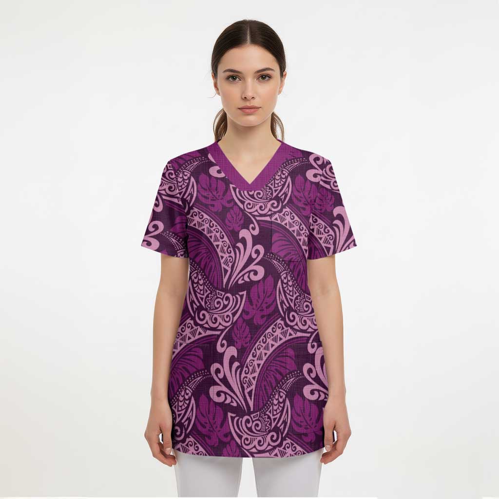 Royal Purple Monstera Scrub Top Polynesian Tribal Pattern LT01 - Polynesian Pride