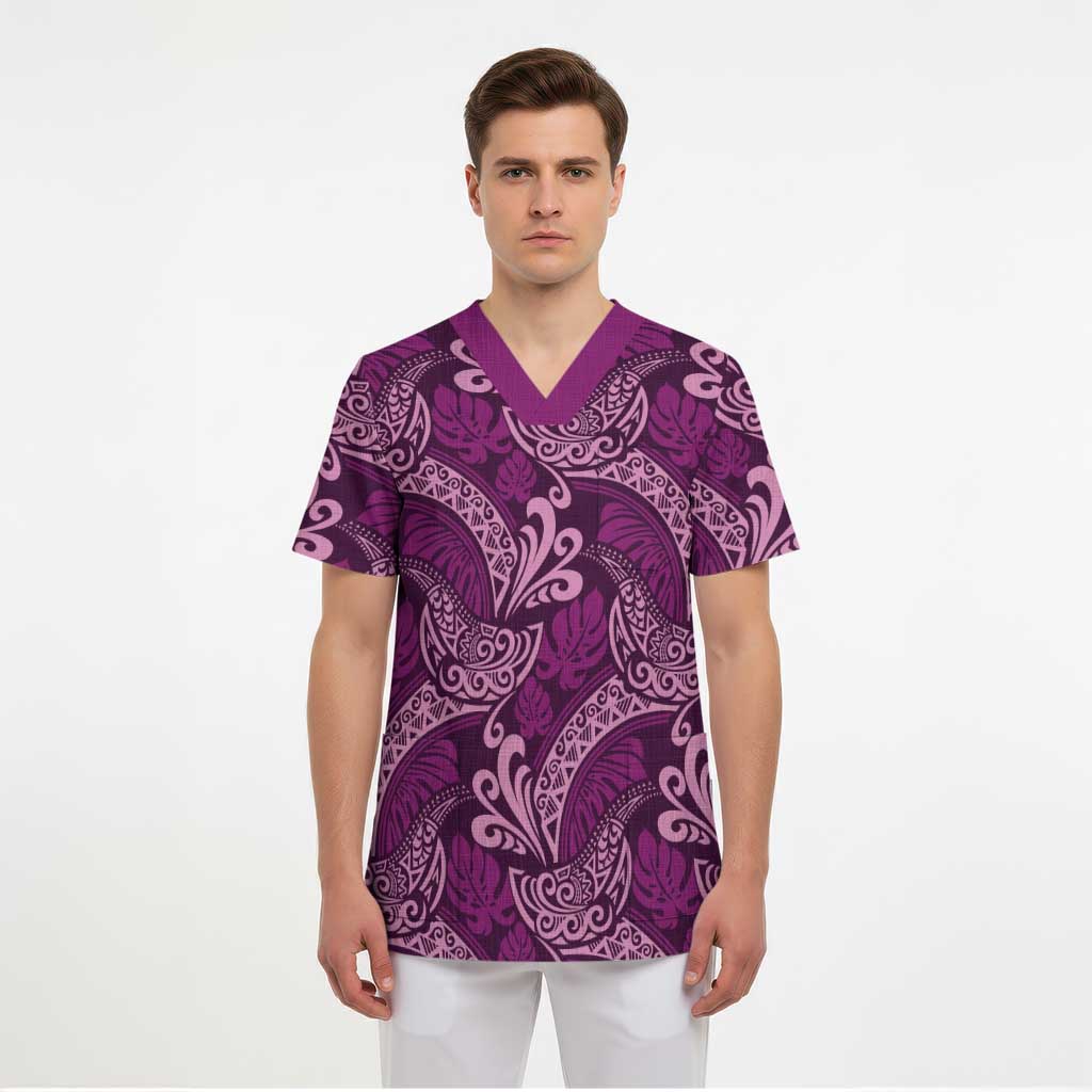 Royal Purple Monstera Scrub Top Polynesian Tribal Pattern LT01 - Polynesian Pride