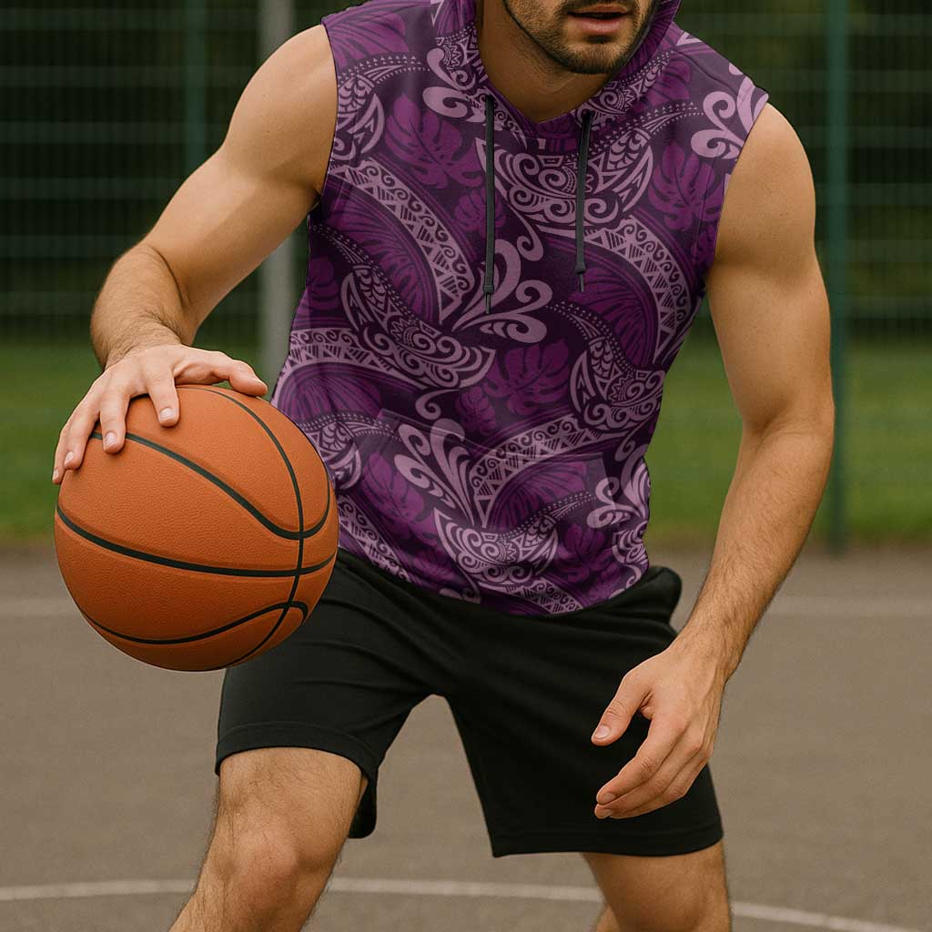 Royal Purple Monstera Sleeveless Hoodie Polynesian Tribal Pattern LT01 - Polynesian Pride