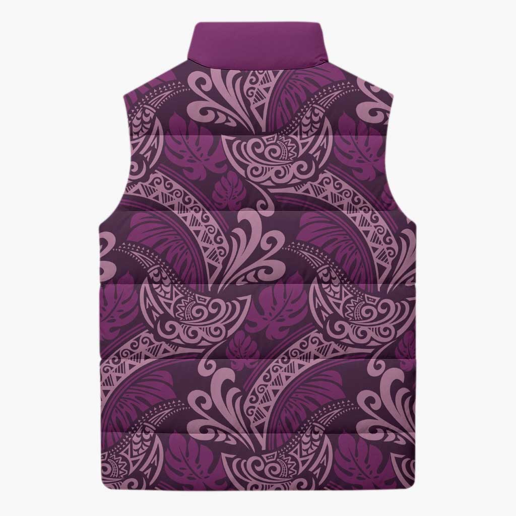Royal Purple Monstera Sleeveless Puffer Jacket Polynesian Tribal Pattern LT01 - Polynesian Pride