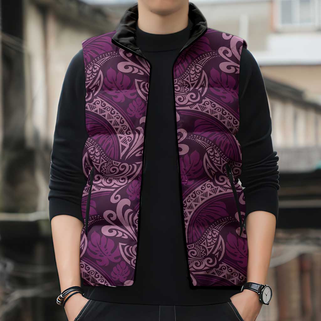 Royal Purple Monstera Sleeveless Puffer Jacket Polynesian Tribal Pattern LT01 - Polynesian Pride