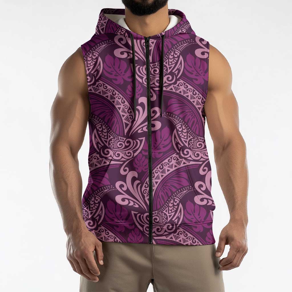 Royal Purple Monstera Sleeveless Zip Hoodie Polynesian Tribal Pattern LT01 - Polynesian Pride