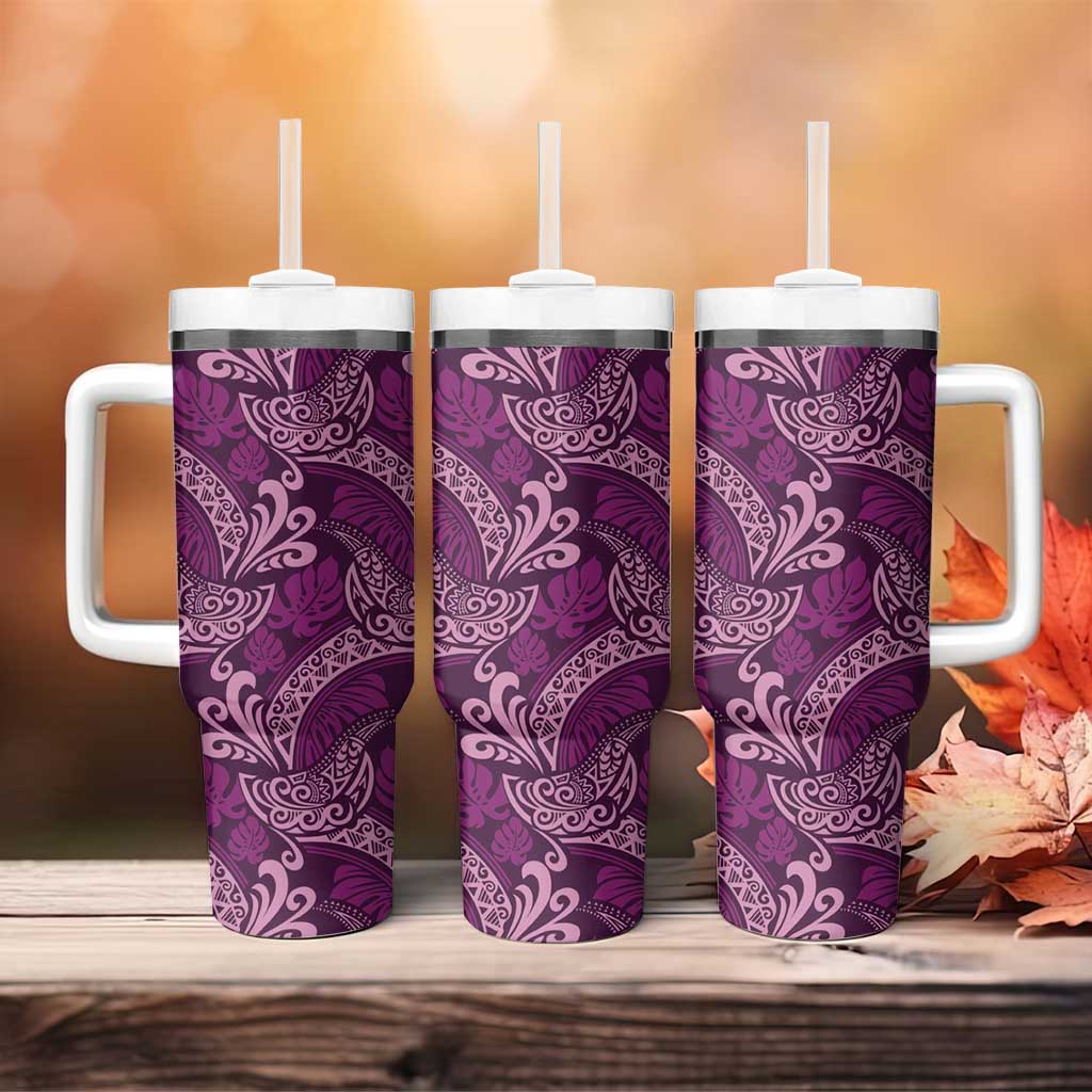 Royal Purple Monstera Tumbler With Handle Polynesian Tribal Pattern - Polynesian Pride