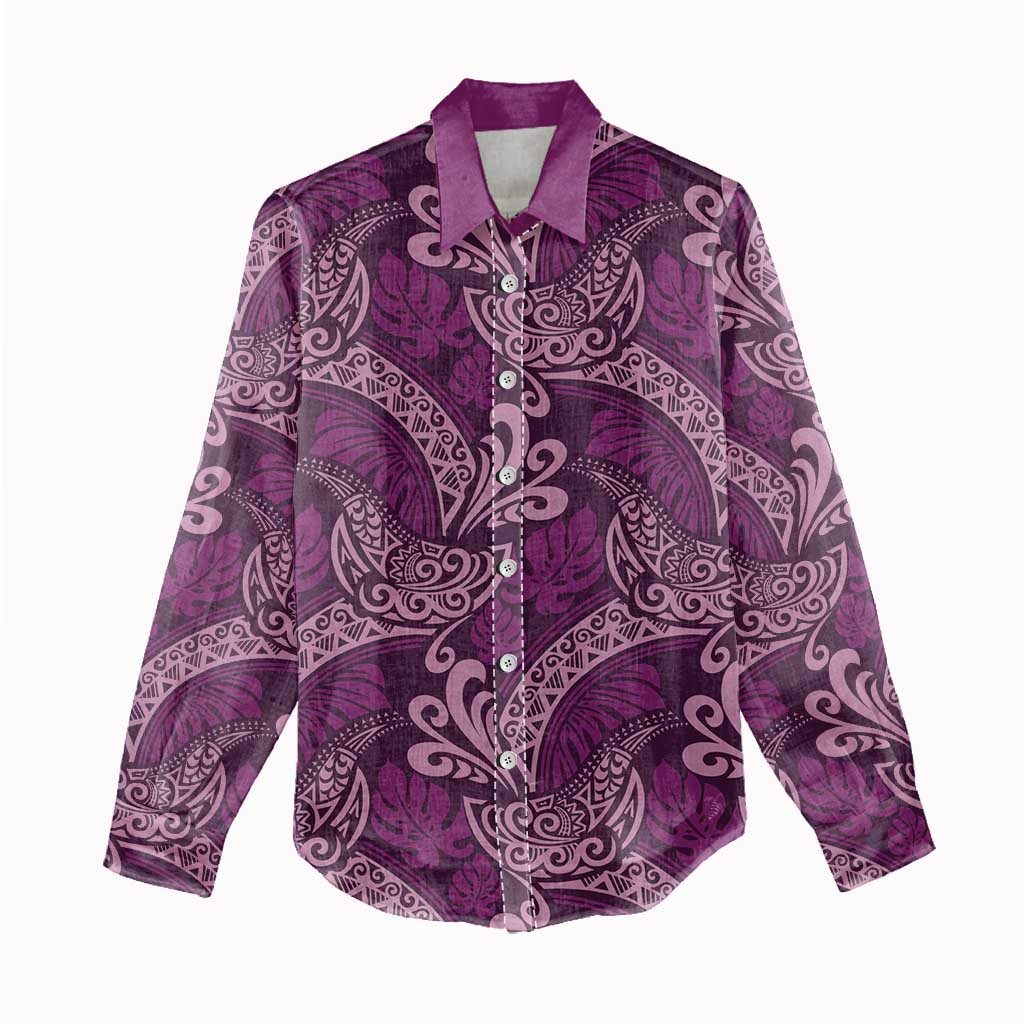 Royal Purple Monstera Women Casual Shirt Polynesian Tribal Pattern - Polynesian Pride