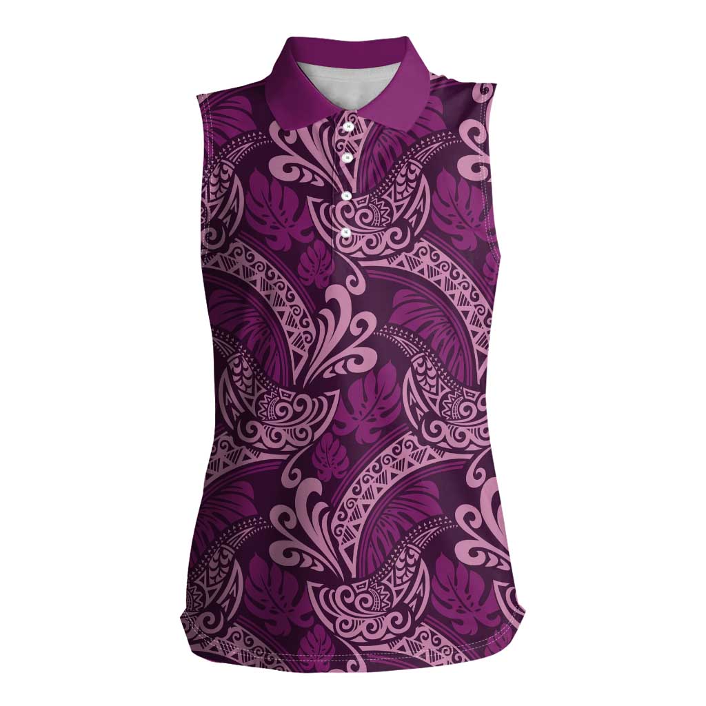 Royal Purple Monstera Women Sleeveless Polo Shirt Polynesian Tribal Pattern LT01 Female Purple - Polynesian Pride