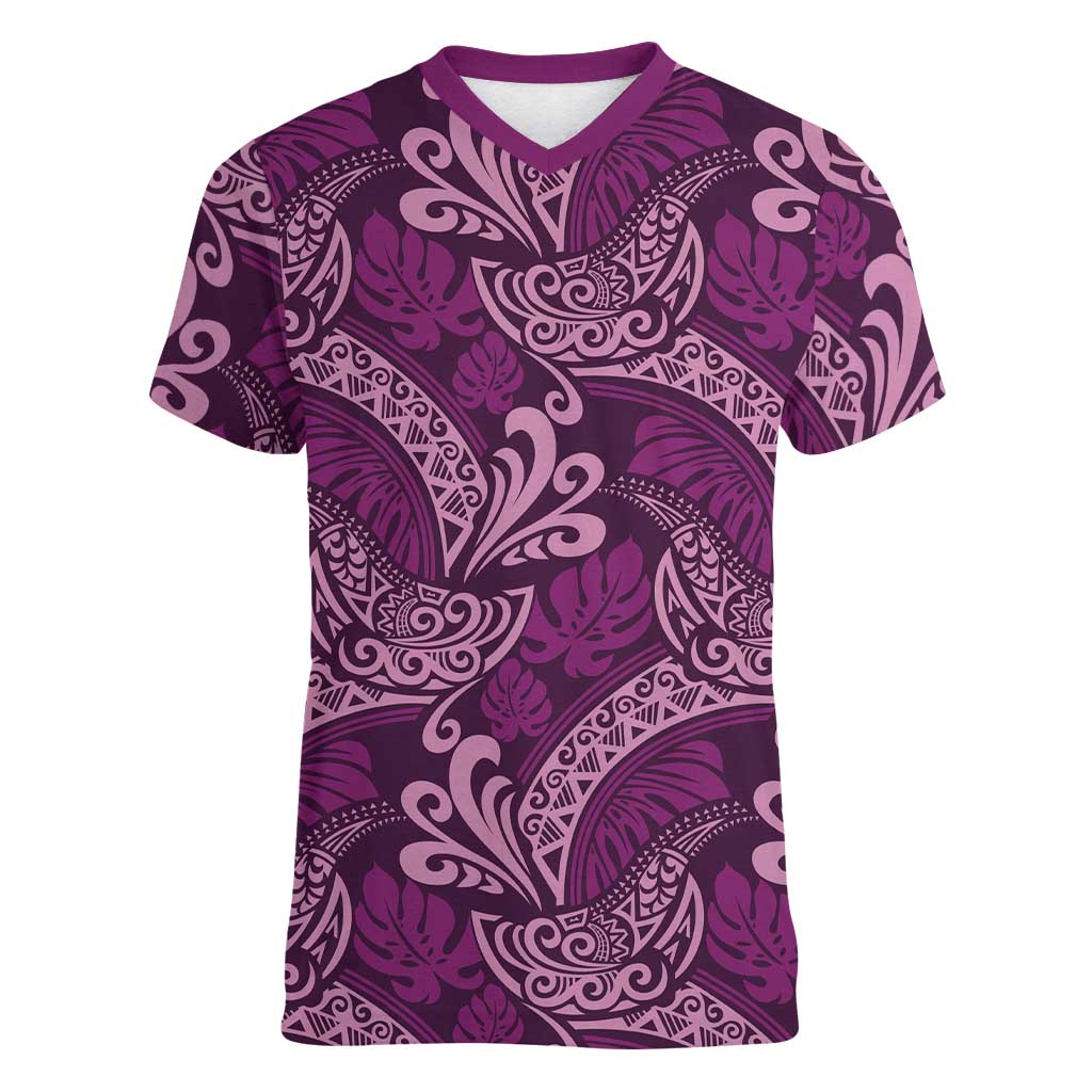 Royal Purple Monstera Women V-Neck T-Shirt Polynesian Tribal Pattern LT01 Female Purple - Polynesian Pride