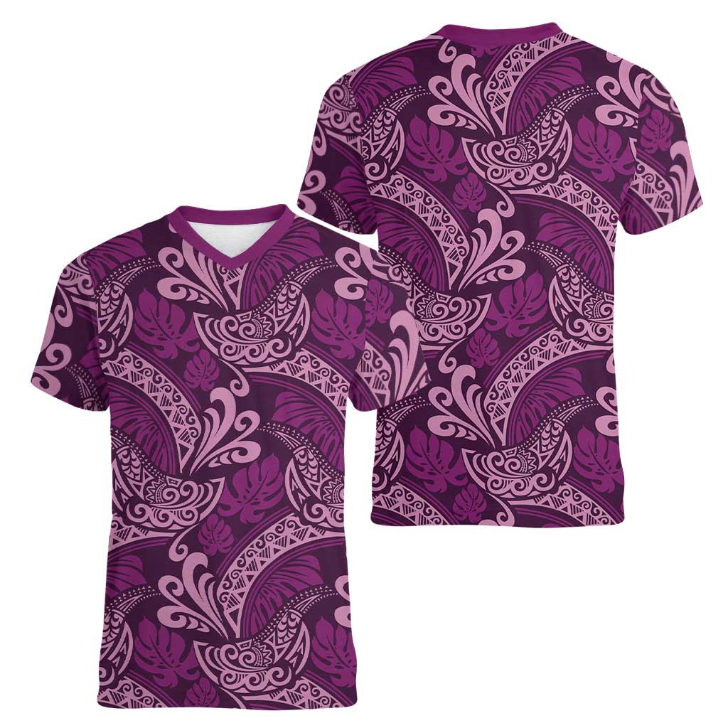 Royal Purple Monstera Women V-Neck T-Shirt Polynesian Tribal Pattern LT01 - Polynesian Pride