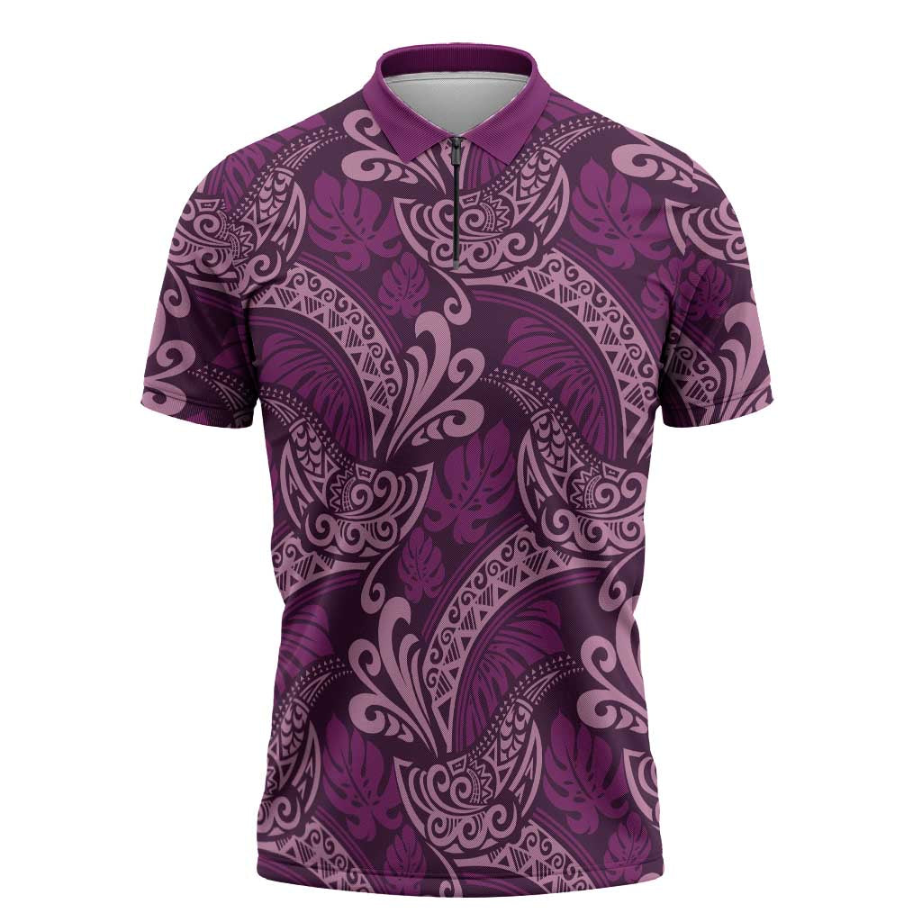 Royal Purple Monstera Zipper Polo Shirt Polynesian Tribal Pattern LT01 Purple - Polynesian Pride