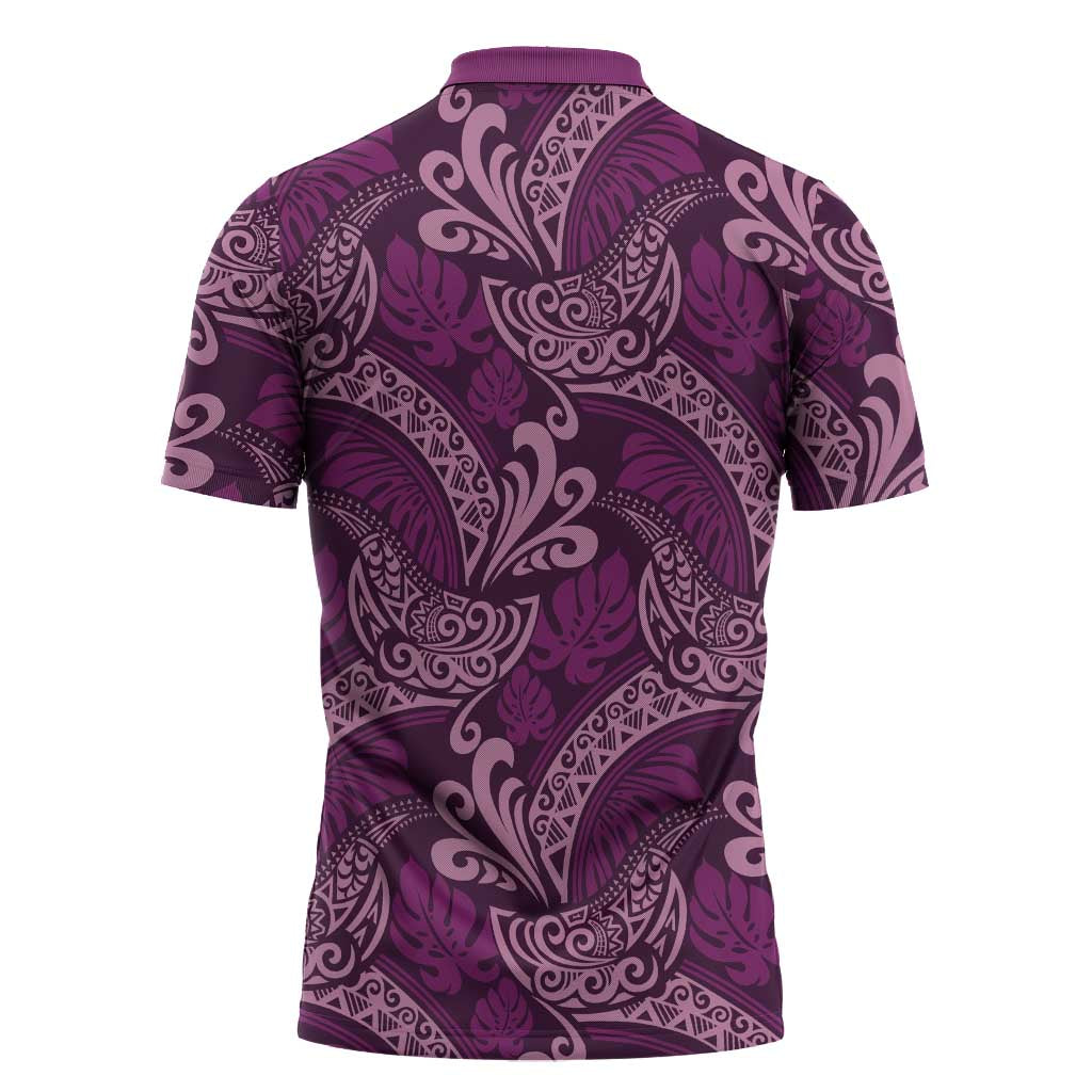 Royal Purple Monstera Zipper Polo Shirt Polynesian Tribal Pattern LT01 - Polynesian Pride