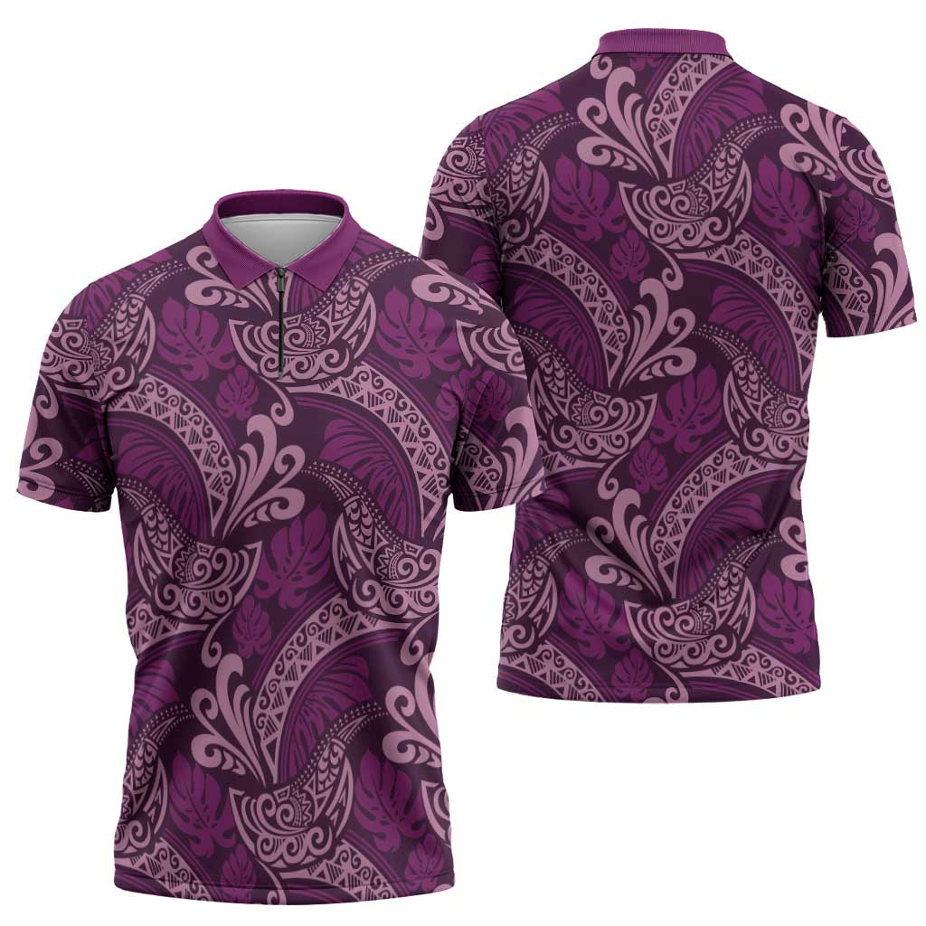 Royal Purple Monstera Zipper Polo Shirt Polynesian Tribal Pattern LT01 - Polynesian Pride
