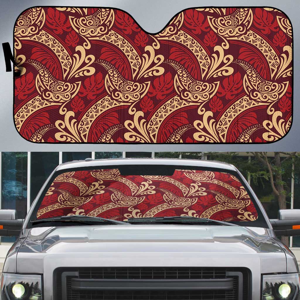 Luxury Red Monstera Auto Sun Shade Polynesian Tribal Pattern - Polynesian Pride