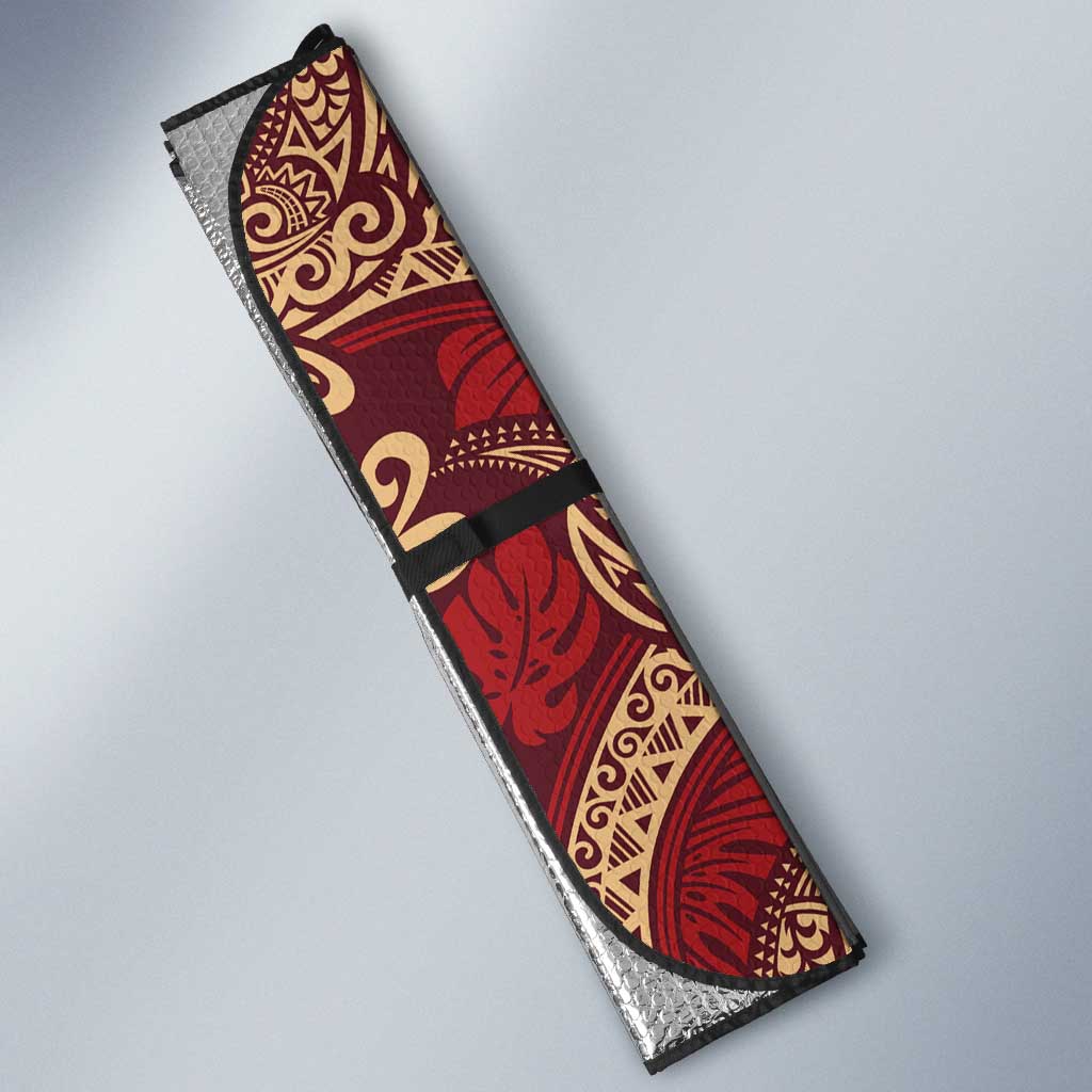 Luxury Red Monstera Auto Sun Shade Polynesian Tribal Pattern - Polynesian Pride