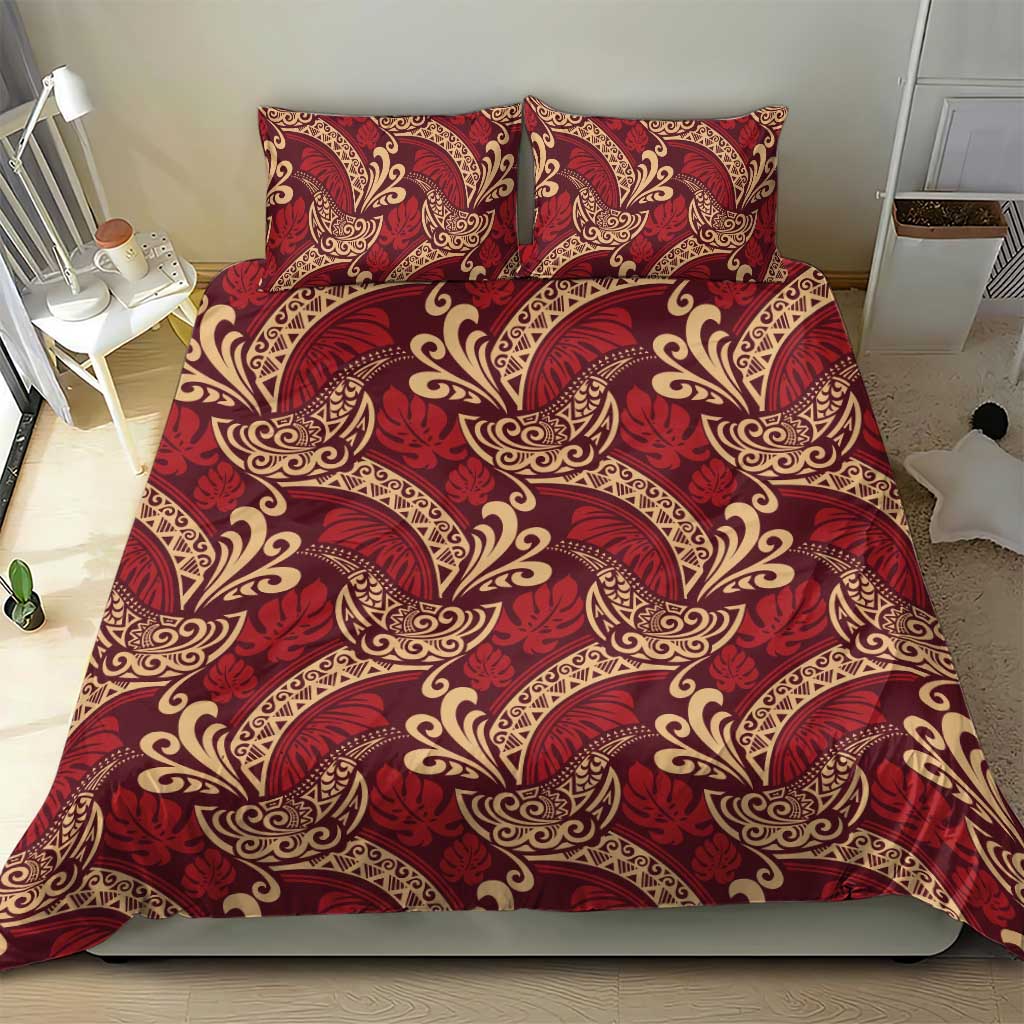 Luxury Red Monstera Bedding Set Polynesian Tribal Pattern - Polynesian Pride