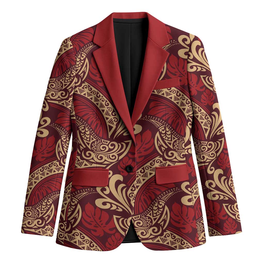 Luxury Red Monstera Blazer Polynesian Tribal Pattern - Polynesian Pride