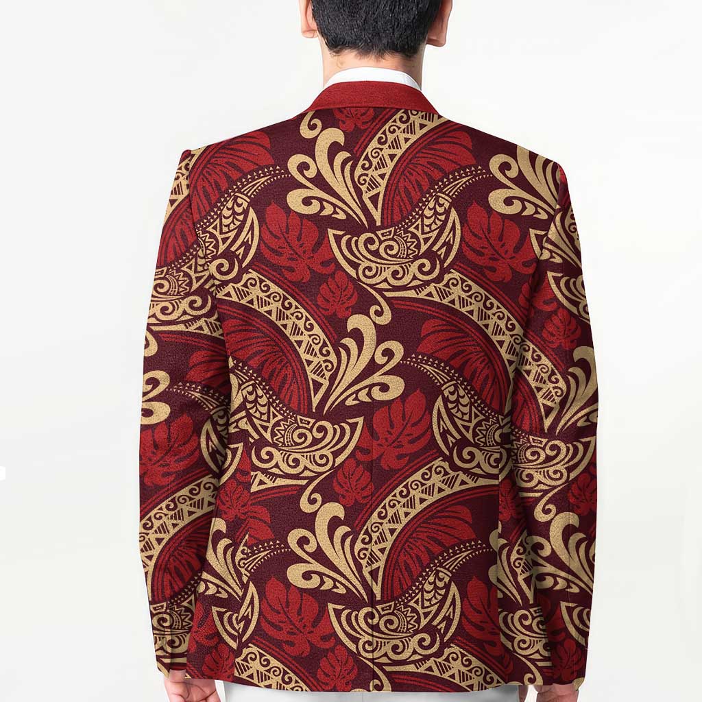 Luxury Red Monstera Blazer Polynesian Tribal Pattern - Polynesian Pride