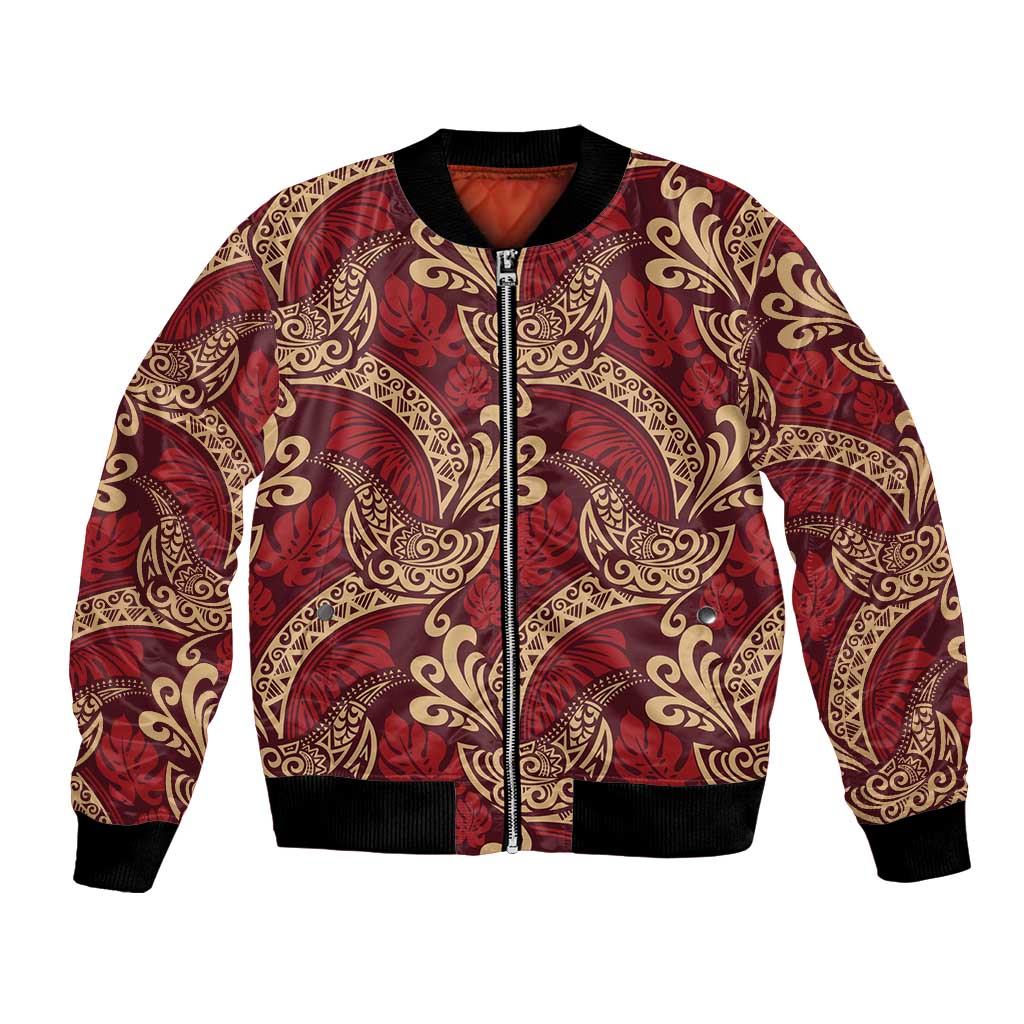 Luxury Red Monstera Bomber Jacket Polynesian Tribal Pattern - Polynesian Pride