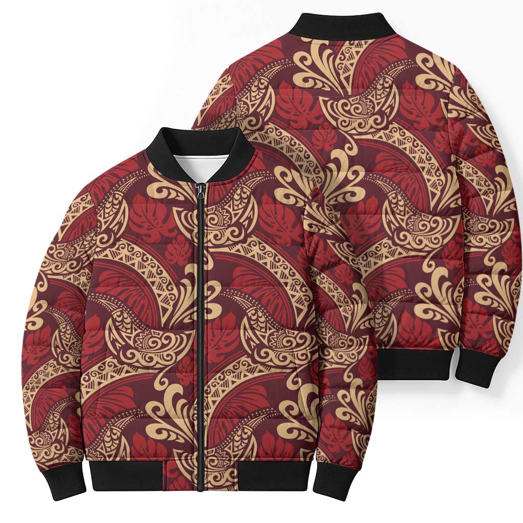 Luxury Red Monstera Bomber Puffer Jacket Polynesian Tribal Pattern LT01 - Polynesian Pride