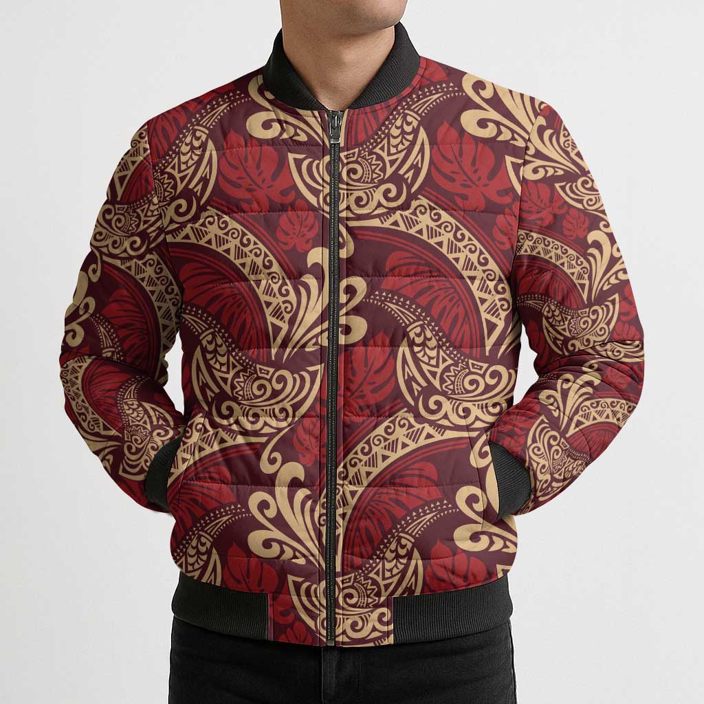 Luxury Red Monstera Bomber Puffer Jacket Polynesian Tribal Pattern LT01 - Polynesian Pride
