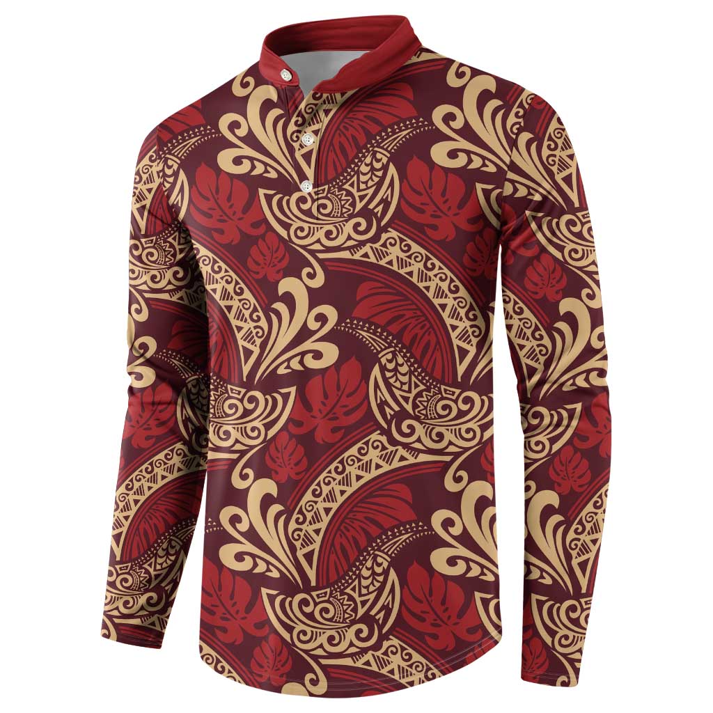 Luxury Red Monstera Button Sweatshirt Polynesian Tribal Pattern LT01 - Polynesian Pride