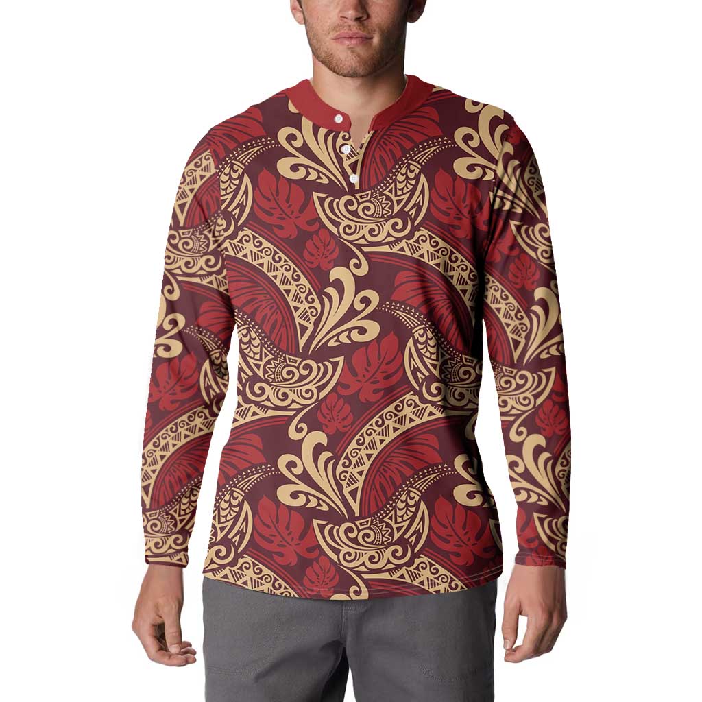 Luxury Red Monstera Button Sweatshirt Polynesian Tribal Pattern LT01 - Polynesian Pride
