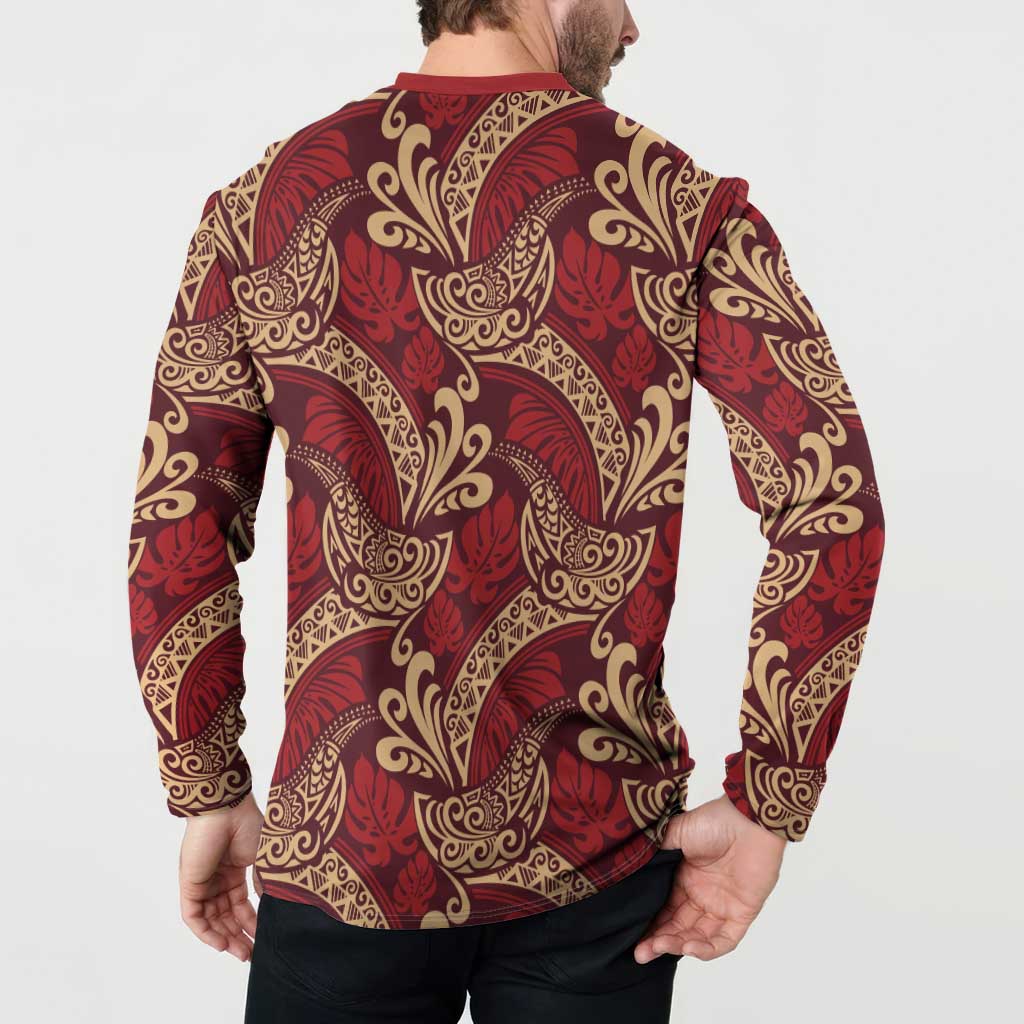 Luxury Red Monstera Button Sweatshirt Polynesian Tribal Pattern LT01 - Polynesian Pride