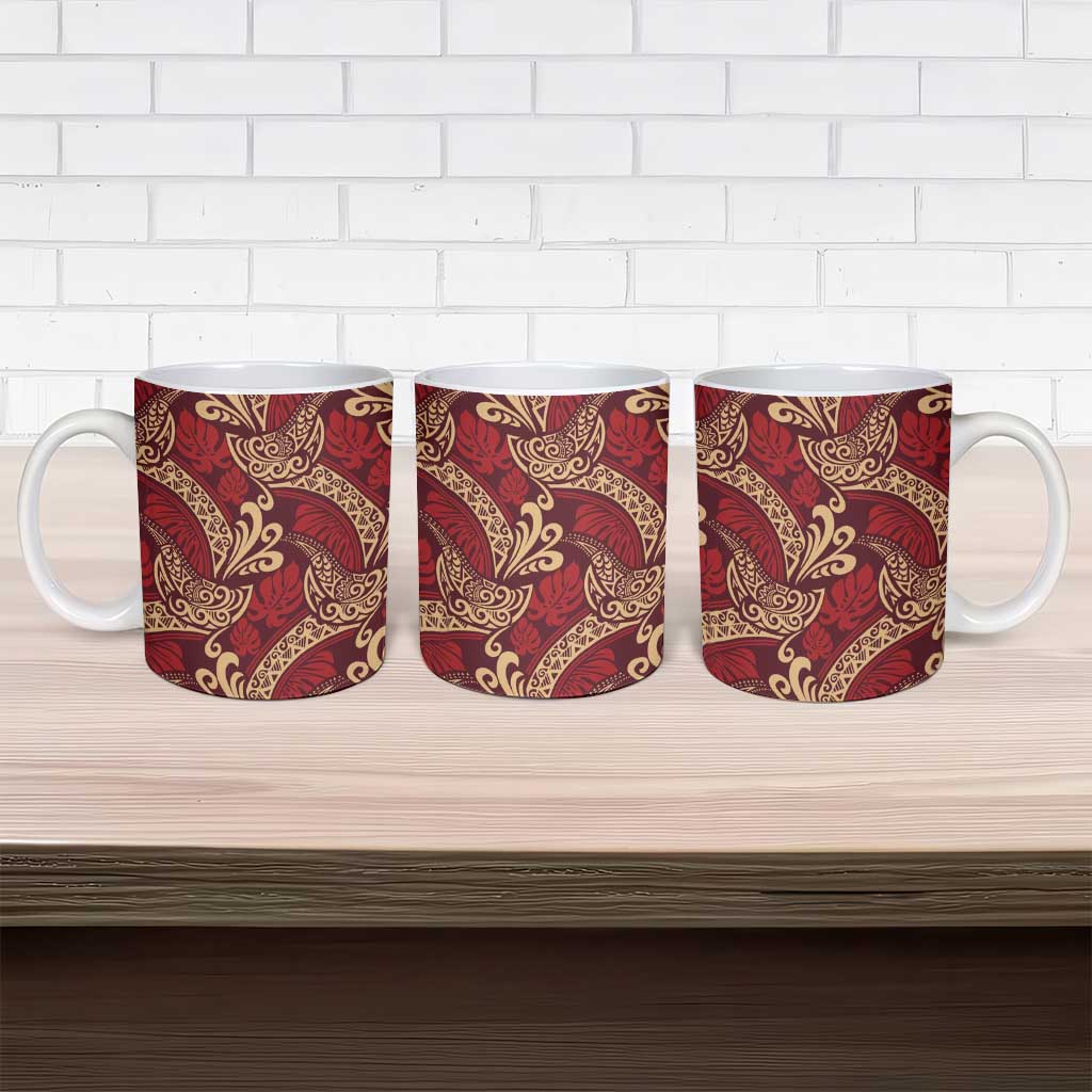 Luxury Red Monstera Ceramic Mug Polynesian Tribal Pattern - Polynesian Pride