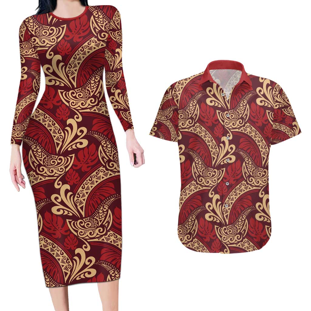 Luxury Red Monstera Couples Matching Long Sleeve Bodycon Dress and Hawaiian Shirt Polynesian Tribal Pattern - Polynesian Pride