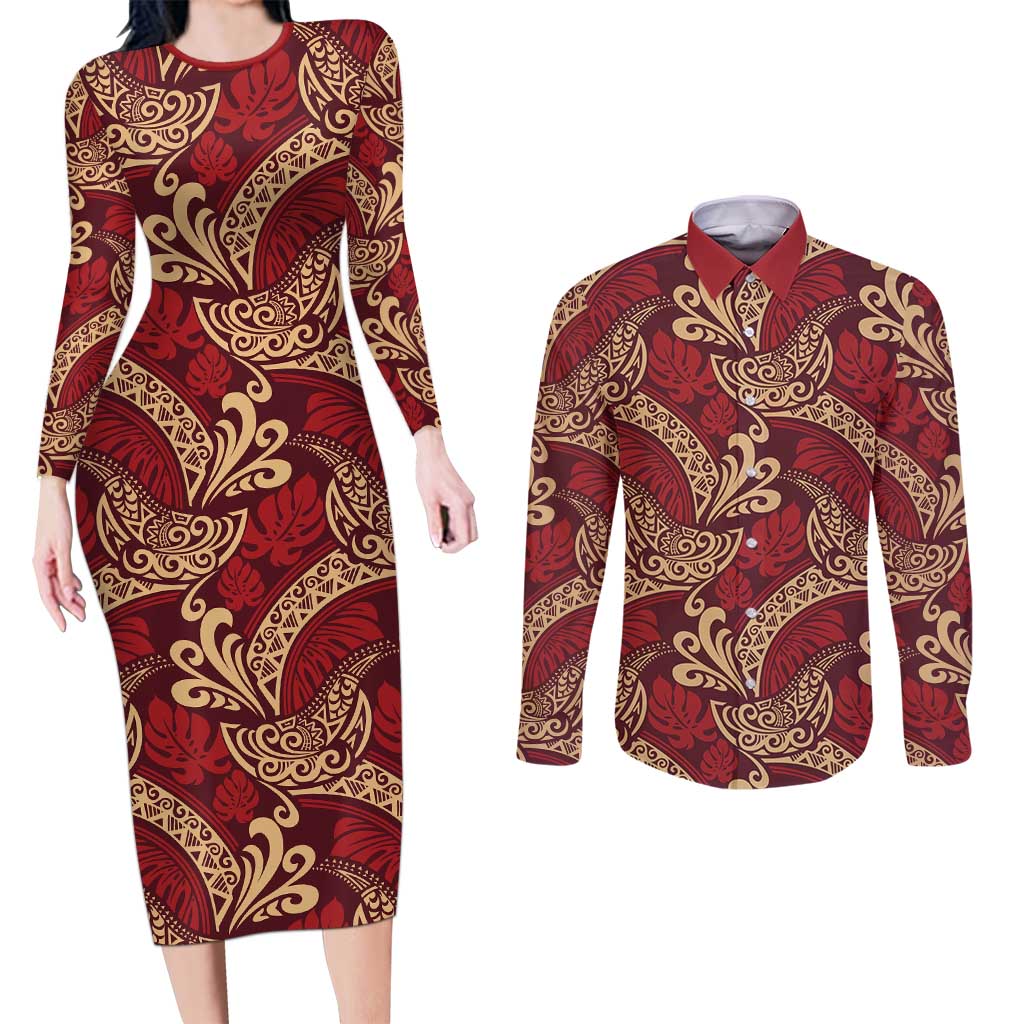 Luxury Red Monstera Couples Matching Long Sleeve Bodycon Dress and Long Sleeve Button Shirt Polynesian Tribal Pattern - Polynesian Pride