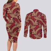Luxury Red Monstera Couples Matching Long Sleeve Bodycon Dress and Long Sleeve Button Shirt Polynesian Tribal Pattern - Polynesian Pride