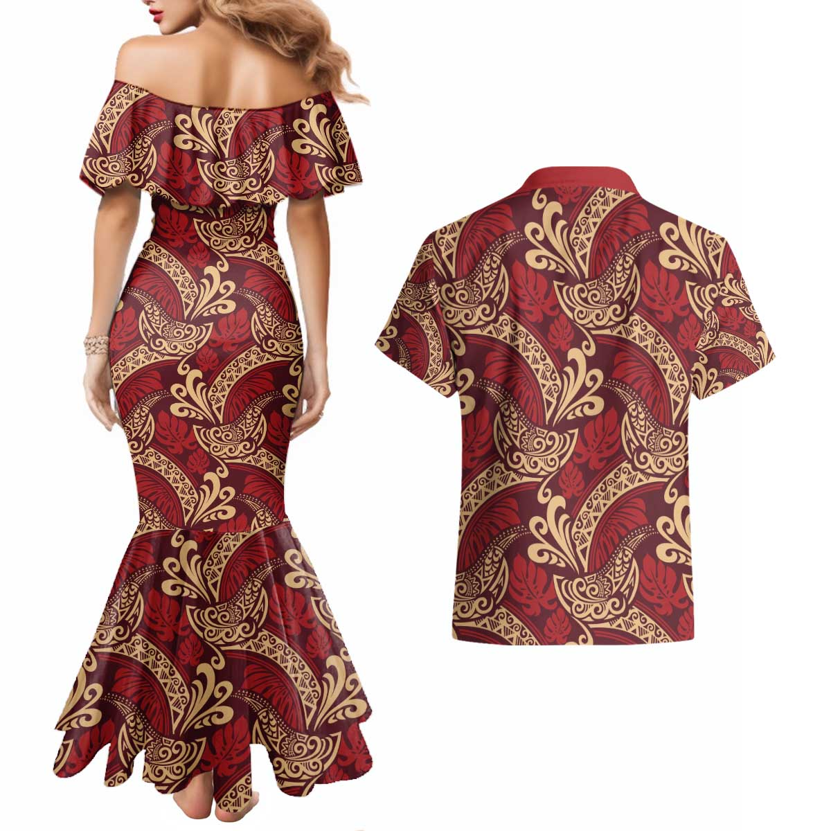 Luxury Red Monstera Couples Matching Mermaid Dress and Hawaiian Shirt Polynesian Tribal Pattern - Polynesian Pride